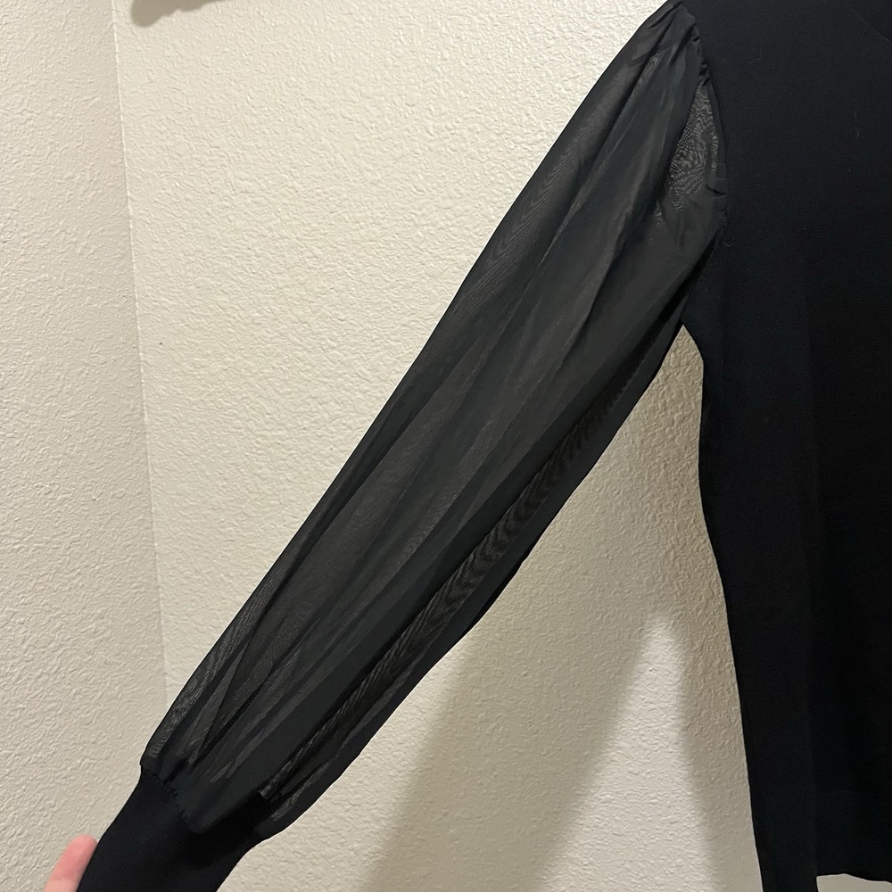 Adrianna Papell Tie Neck Puff Sheer Long Sleeve Women XS Black Preppy Whimsigoth - Picture 3 of 8